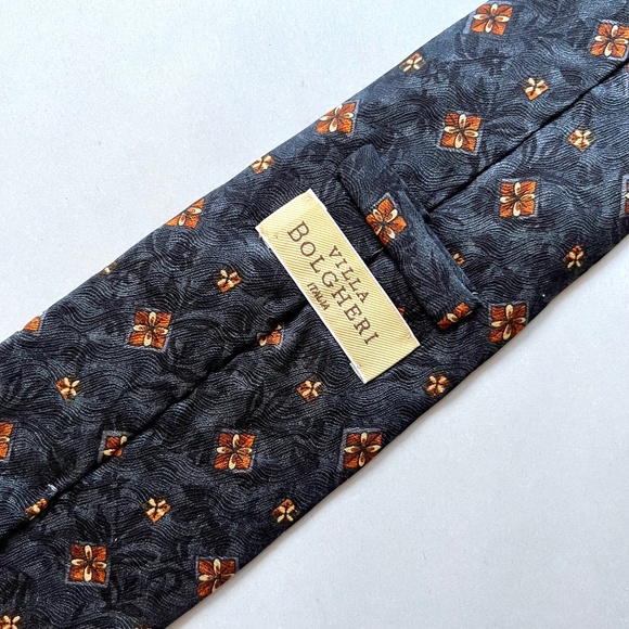 Villa Bolgheri Mens 100% Silk Tie Made in Italy Floral Geo Patterned Dark Navy - Picture 7 of 10